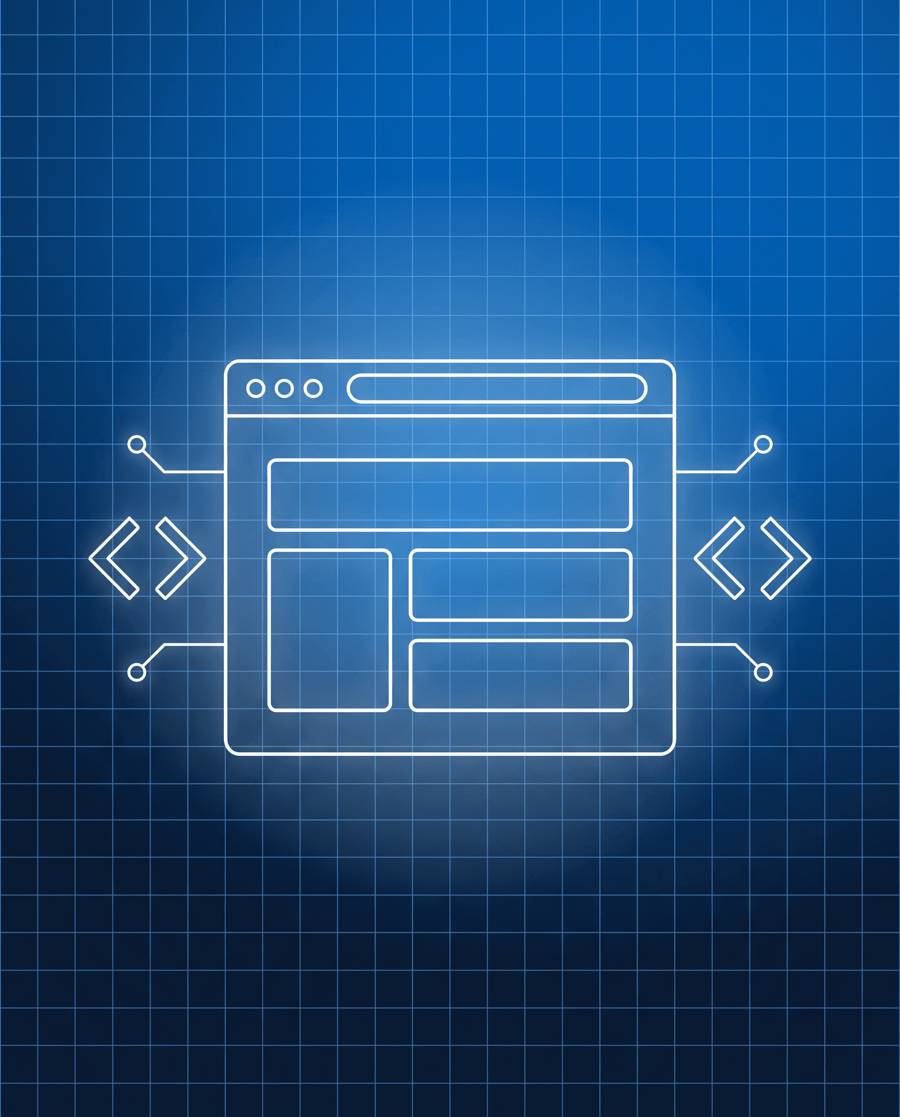 Grafik zur Webentwicklung: Browserfenster als Drahtgitter mit Code-Klammern
