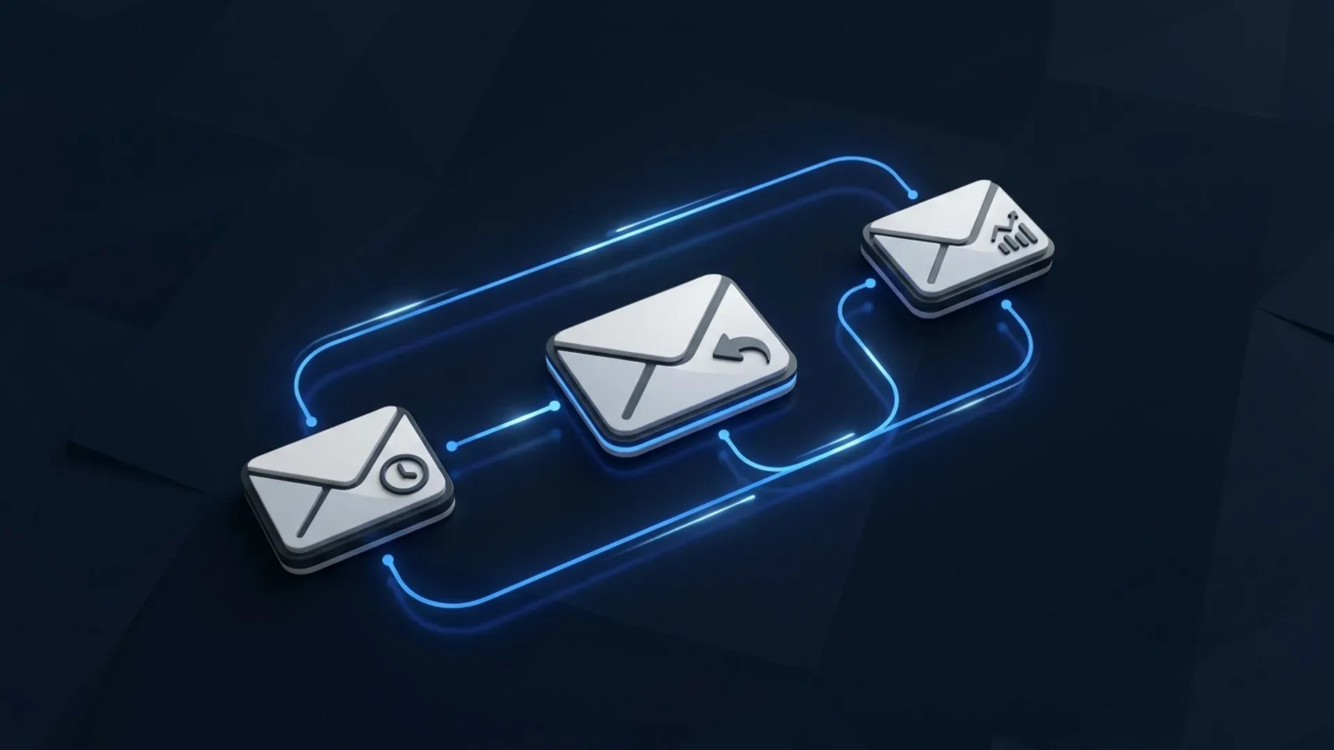 Vernetzte E-Mail-Workflow-Knoten symbolisieren automatisiertes E-Mail-Marketing: Willkommensserie, Warenkorbabbrecher und Lead-Nurturing fuer KMU
