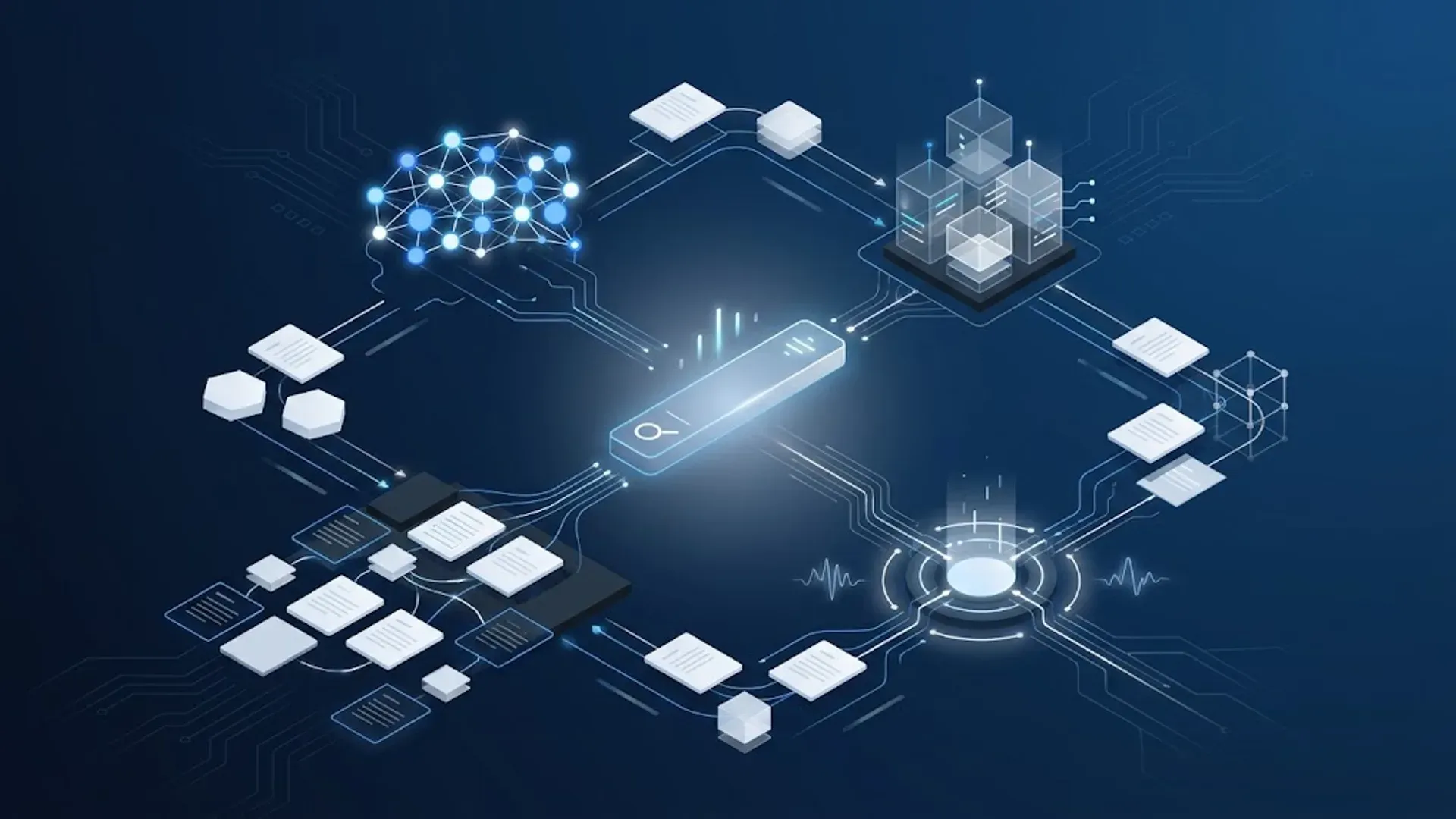 Generative Engine Optimization (GEO) 2026 — wie AI-Suchmaschinen wie ChatGPT, Perplexity und Google AI Overviews Inhalte finden und zitieren, premium editorial Illustration für KMU im DACH-Raum