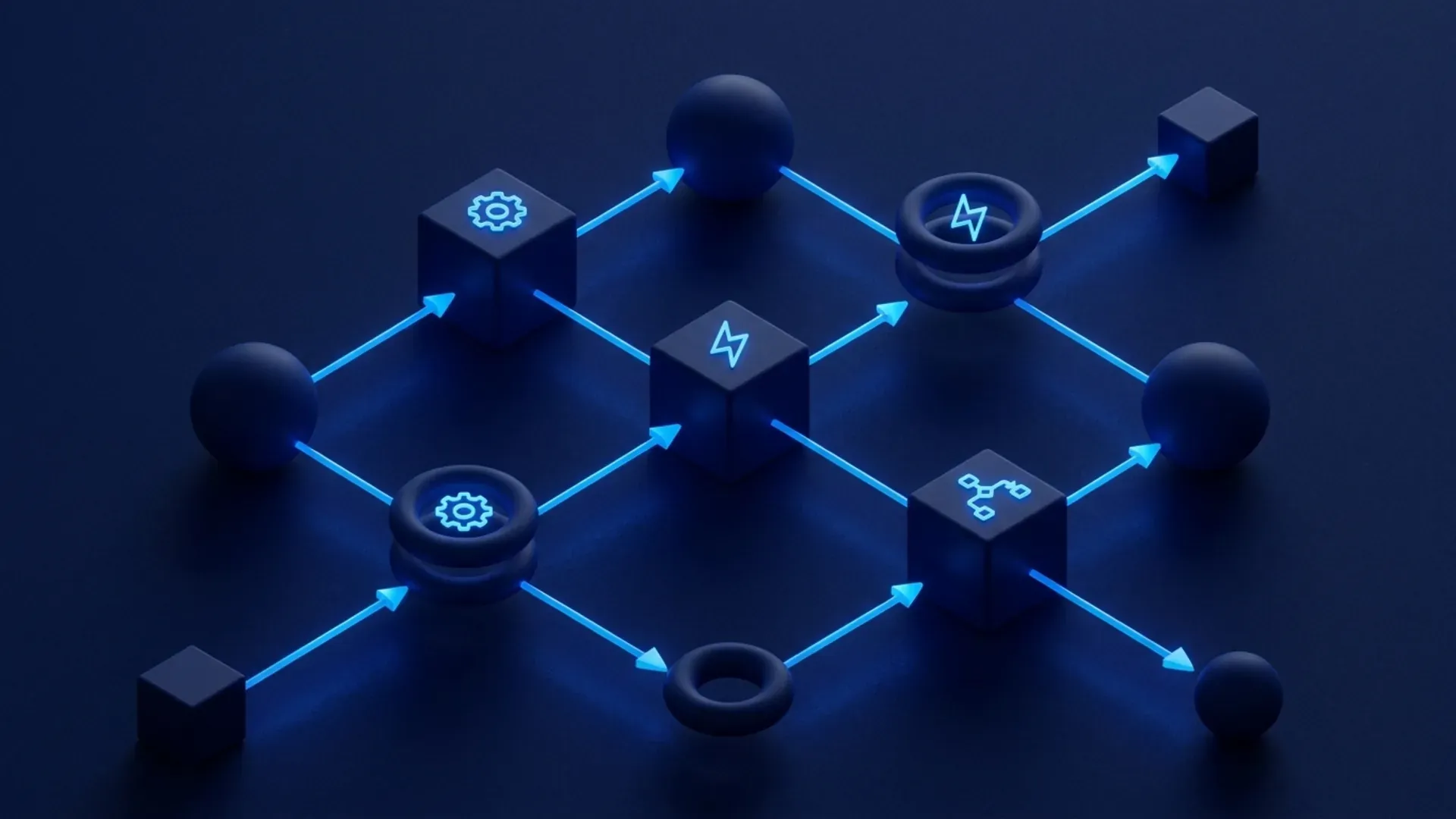 Vernetzte Workflow-Knoten symbolisieren automatisierte Geschäftsprozesse: Rechnung, Termin, Lead-Qualifizierung und Datenfluss in einem KMU