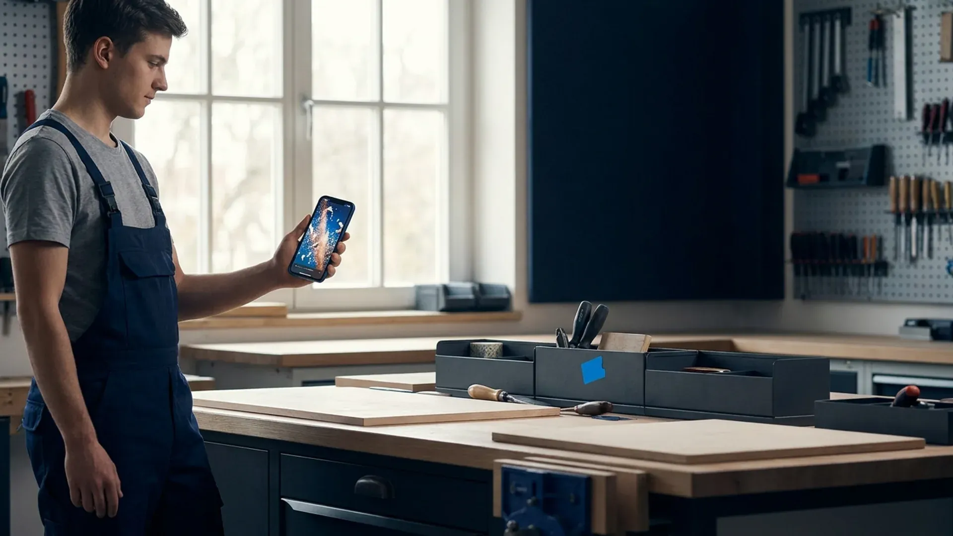 Junger Handwerker in moderner Werkstatt erstellt mit dem Smartphone ein Instagram-Reel - Social Media im Handwerk als Marketing- und Recruiting-Hebel