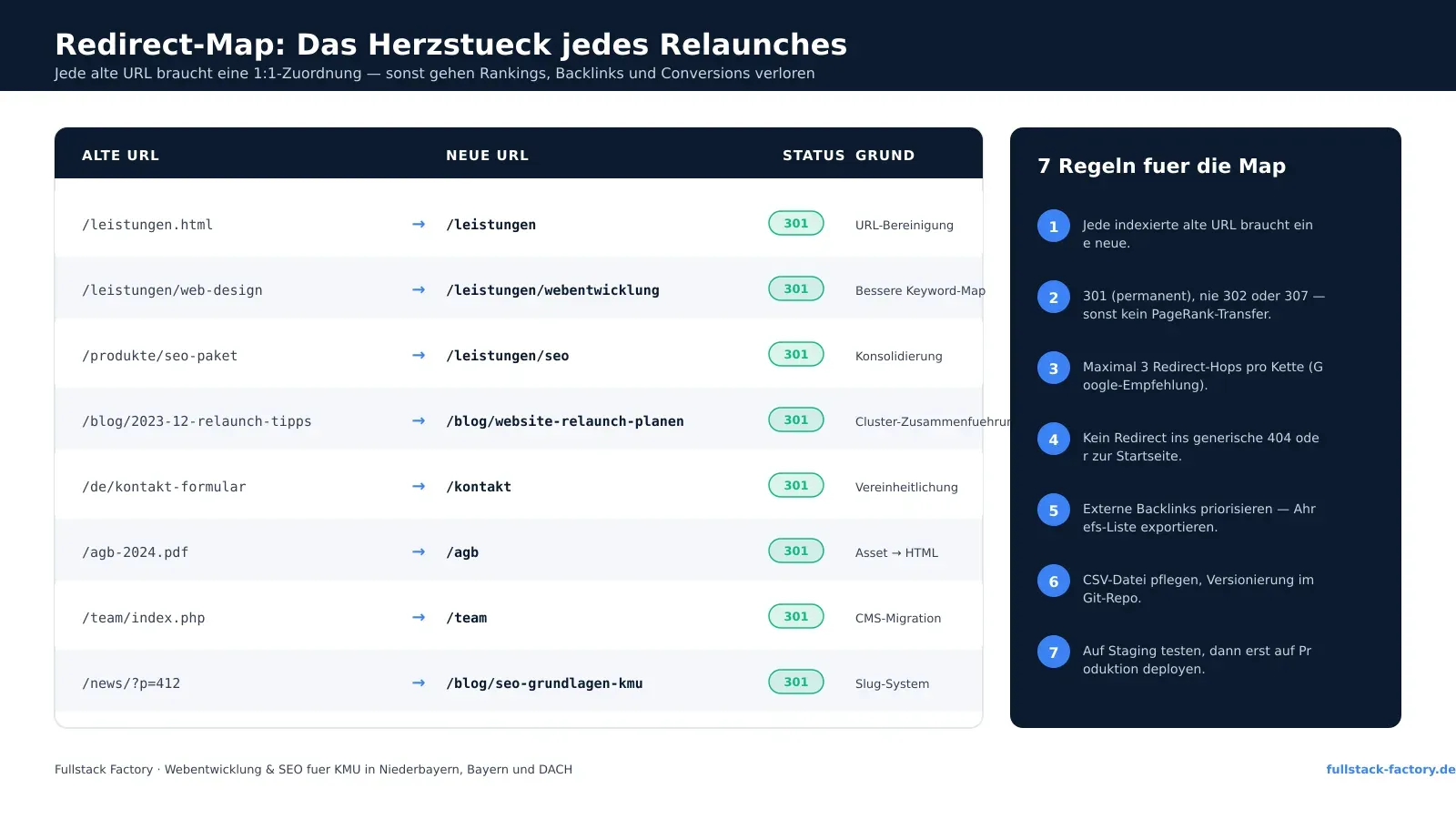 Beispiel Redirect-Map fuer Website-Relaunch mit 301-Weiterleitungen: alte URL zu neuer URL, 7 Regeln und kritische Hinweise zu PageRank-Transfer und Redirect-Hops