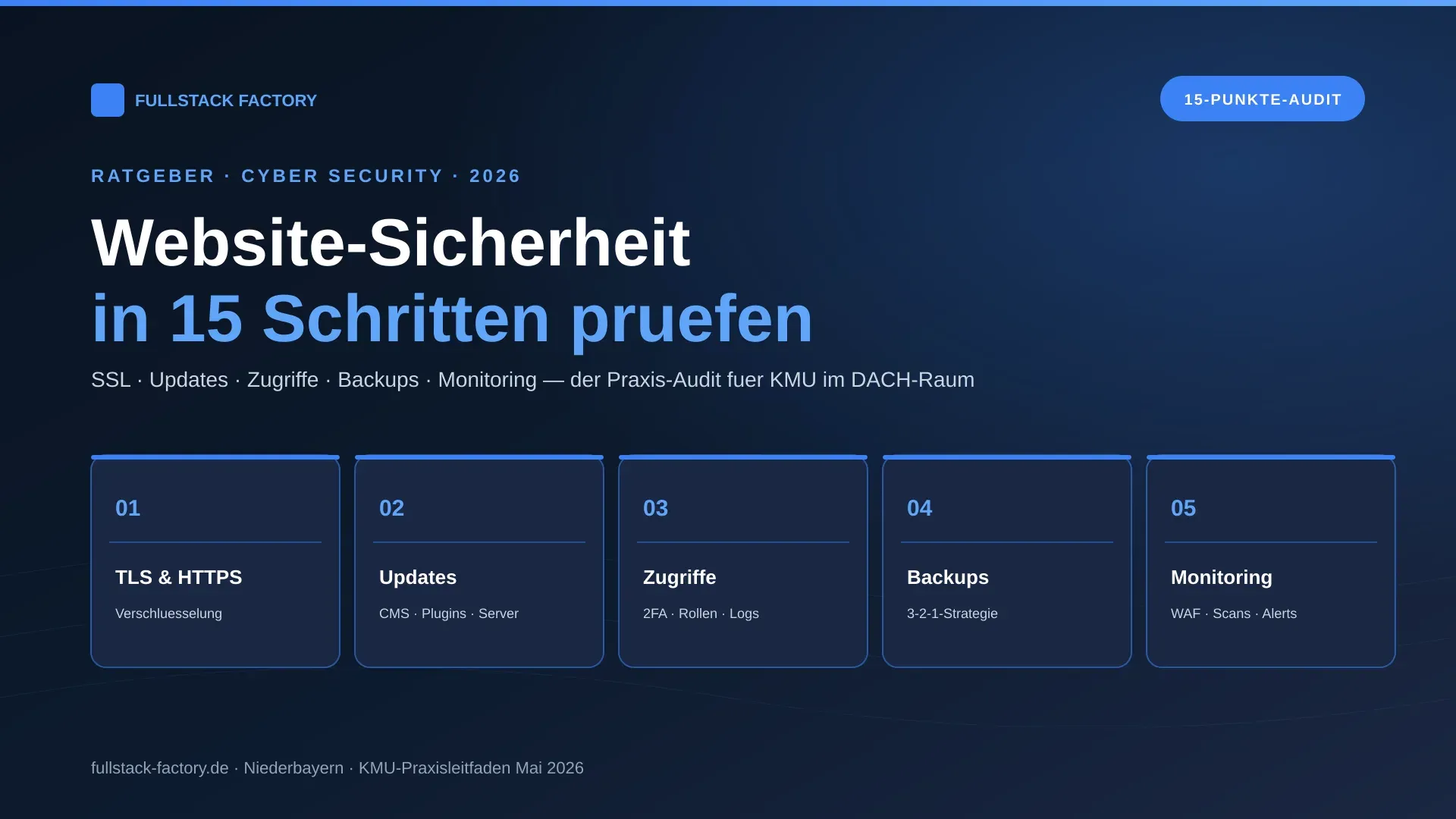 Website-Sicherheit prüfen 2026 — 15-Punkte-Audit für Unternehmenswebsites von KMU im DACH-Raum, mit Fokus auf TLS, Updates, Zugriffe, Backups und Monitoring